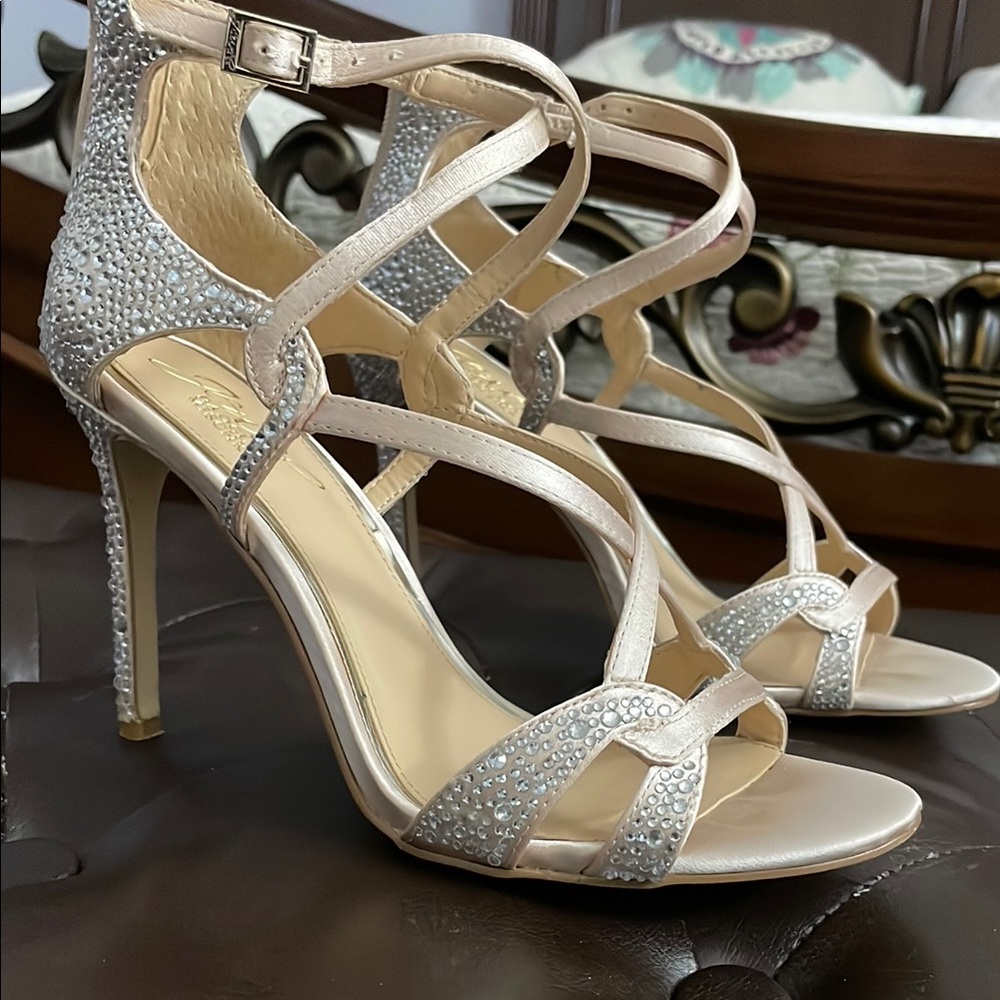 Jewel Badgley Mishka Elegant Strappy Heels with Rhinestones